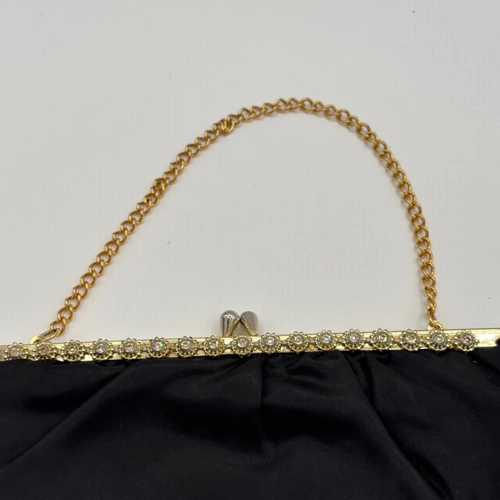 Vintage Elegant Black Evening Clutch Gold Chain w/ Floral Rhinestones on Frame